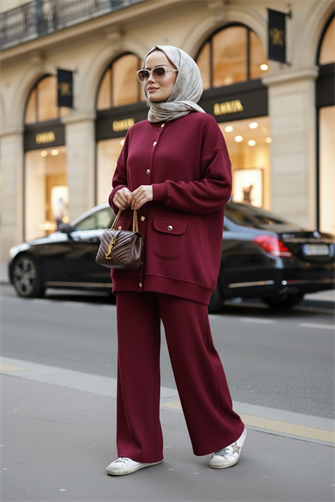 Oslo Selanik Kumaş Hırka İkili Takım – Oversize Kalıp – Kışlık Tesettür Takım Bordo