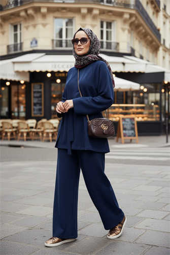 Kuşaklı Modal Yırtmaçlı Dökümlü A Kesim Tesettür İkili Takım | Lacivert