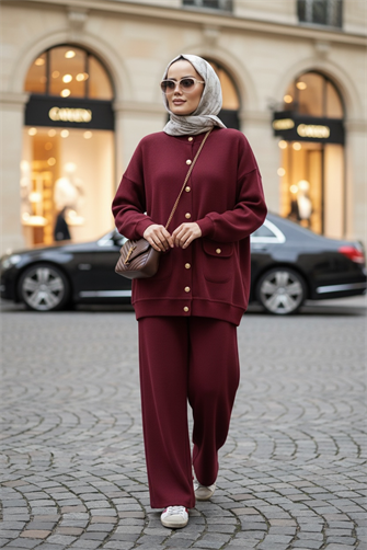 Oslo Selanik Kumaş Hırka İkili Takım – Oversize Kalıp – Kışlık Tesettür Takım Bordo