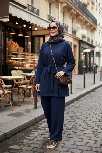 Kuşaklı Modal Yırtmaçlı Dökümlü A Kesim Tesettür İkili Takım | Lacivert