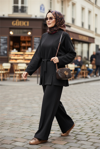 Kuşaklı Modal Yırtmaçlı  İkili Tesettür Takım Siyah 