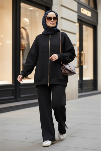  3 İplik Şardonlu Bomber İkili TesettürTakım | Pamuklu Rahat Takım Siyah