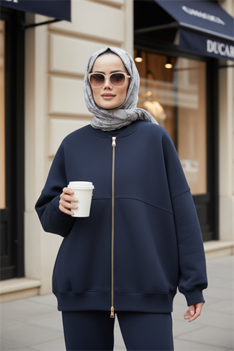  3 İplik Şardonlu Bomber Takım | Pamuklu Rahat Takım Lacivert