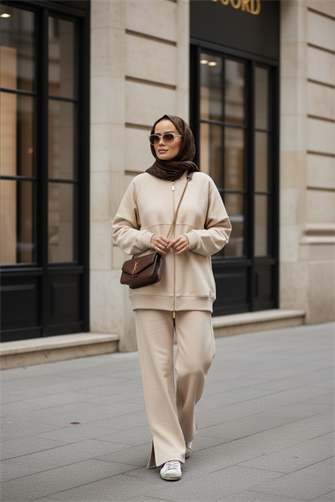  3 İplik Şardonlu Bomber Takım | Pamuklu Rahat Takım Bej