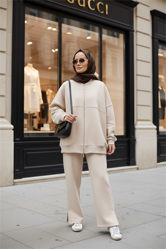  3 İplik Şardonlu Bomber Takım | Pamuklu Rahat Takım Bej