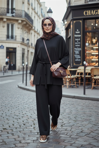 Kuşaklı Modal Yırtmaçlı  İkili Tesettür Takım Siyah 