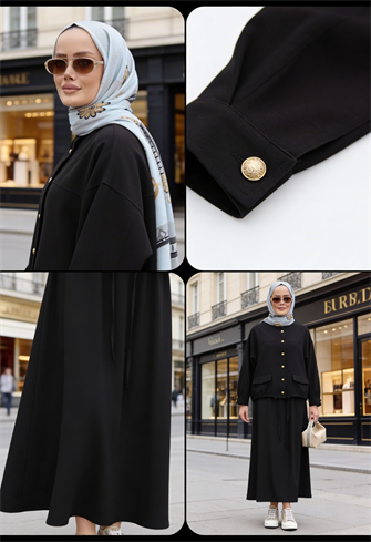 Düğmeli Gold Tensel Set-Tesettür  Etekli Takım –Siyah
