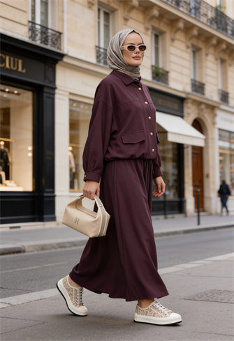 Düğmeli Gold Tensel Set-Tesettür  Etekli Takım –Bordo