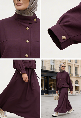 Düğmeli Gold Tensel Set-Tesettür  Etekli Takım –Bordo