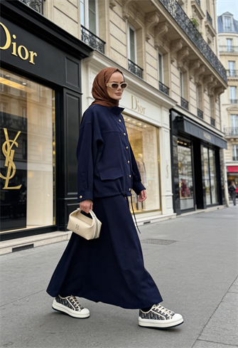 Düğmeli Gold Tensel Set-Tesettür  Etekli Takım –Lacivert