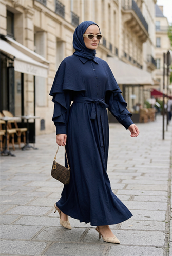 Aurelia Pelerin Detaylı Tencel Elbise – Lacivert