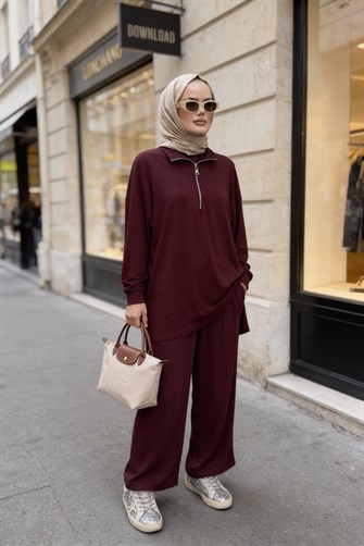 Flowy İpeksi Yumuşaklıkta Akışkan Dökümlü Kumaş İkili Takım-Bordo