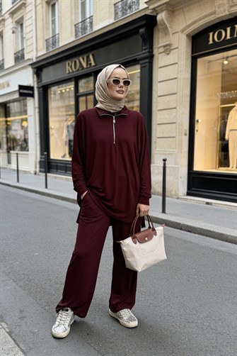 Flowy İpeksi Yumuşaklıkta Akışkan Dökümlü Kumaş İkili Takım-Bordo