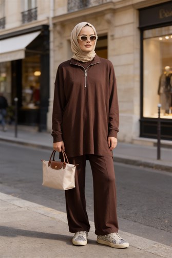 Flowy İpeksi Yumuşaklıkta Akışkan Dökümlü Kumaş İkili Takım-Acıkahve