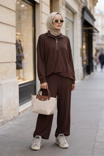 Flowy İpeksi Yumuşaklıkta Akışkan Dökümlü Kumaş İkili Takım-Acıkahve