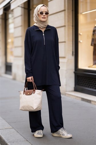 Flowy İpeksi Yumuşaklıkta Akışkan Dökümlü Kumaş İkili Takım-Lacivert