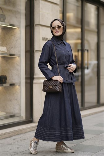 Viera Tensel Denim Görünümlü Etek Takım Mavi 