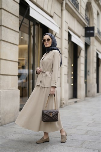 Valencia Premium Dokulu Ceket Etek Takım Bej
