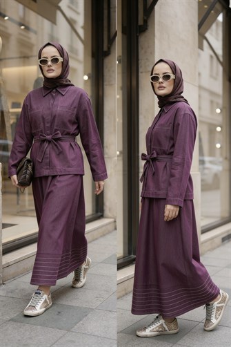 Viera Tensel Denim Görünümlü Etek Takım Bordo