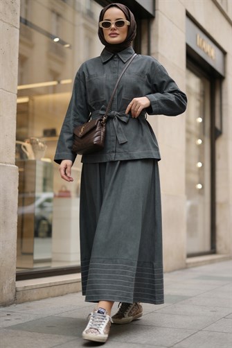 Viera Tensel Denim Görünümlü Etek Takım Yeşil