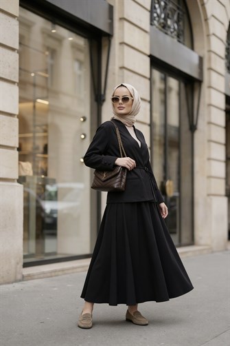 Valencia Premium Dokulu Ceket Etek Takım Siyah