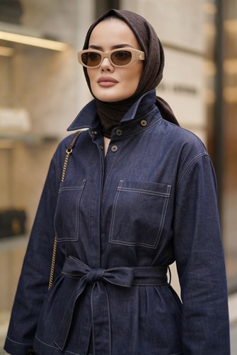 Viera Tensel Denim Görünümlü Etek Takım Mavi 