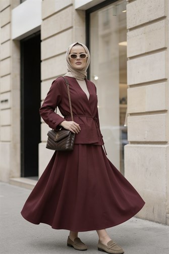 Valencia Premium Dokulu Ceket Etek Takım Bordo