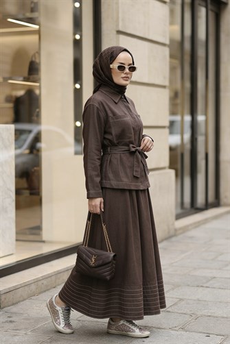 Viera Tensel Denim Görünümlü Etek Takım Kahve