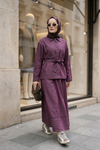 Viera Tensel Denim Görünümlü Etek Takım Bordo