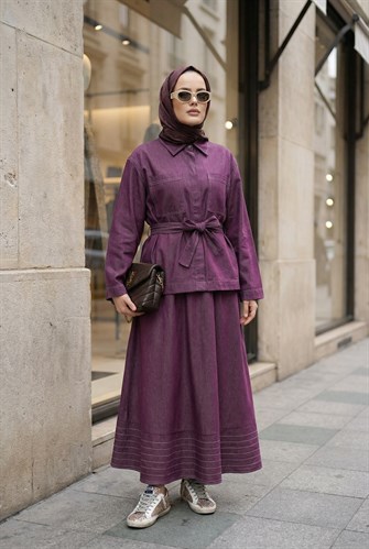 Viera Tensel Denim Görünümlü Etek Takım Bordo