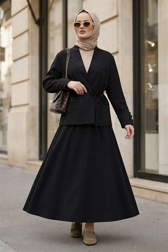 Valencia Premium Dokulu Ceket Etek Takım Siyah