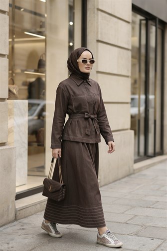 Viera Tensel Denim Görünümlü Etek Takım Kahve