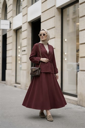 Valencia Premium Dokulu Ceket Etek Takım Bordo