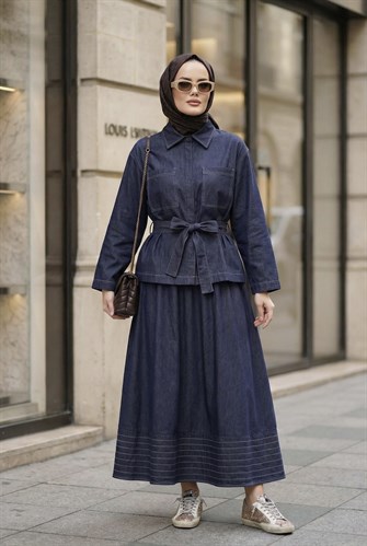 Viera Tensel Denim Görünümlü Etek Takım Mavi 