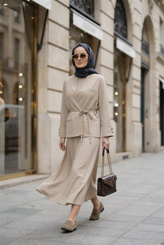 Valencia Premium Dokulu Ceket Etek Takım Bej
