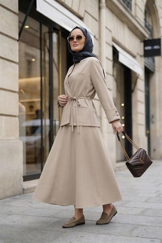 Valencia Premium Dokulu Ceket Etek Takım Bej