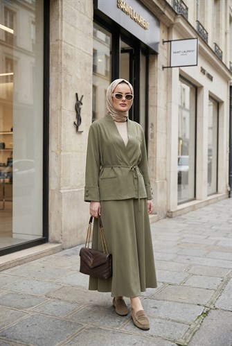 Valencia Premium Dokulu Ceket Etek Takım Yeşil