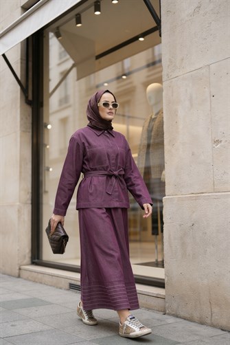 Viera Tensel Denim Görünümlü Etek Takım Bordo