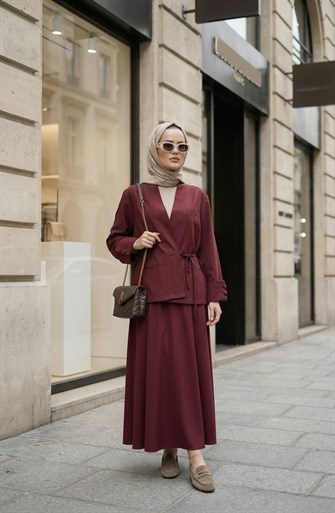 Valencia Premium Dokulu Ceket Etek Takım Bordo