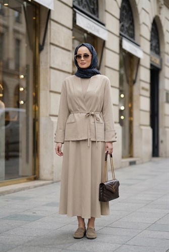Valencia Premium Dokulu Ceket Etek Takım Bej