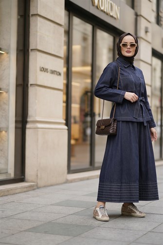 Viera Tensel Denim Görünümlü Etek Takım Mavi 