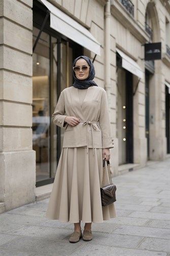 Valencia Premium Dokulu Ceket Etek Takım Bej