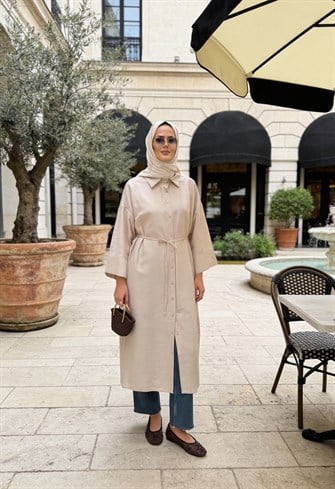 Luna Kuşaklı Gömlek Elbise  Çilek Kumaş Yazlık Tesettür Elbise-Bej