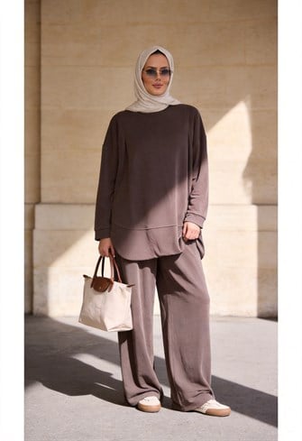 Pike Modal Oversize Pantolonlu Takım-Vizon
