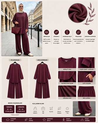 Pike Modal Oversize Pantolonlu Takım-Mürdüm