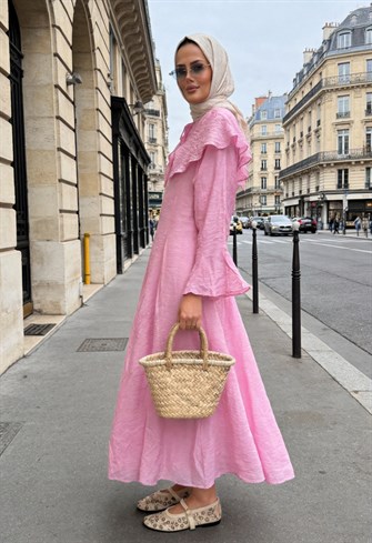 Romantik Pamuk Vual Astarlı Elbise –Pembe