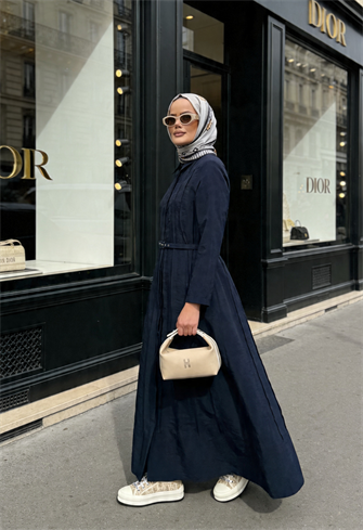 Lunera Pileli Kemerli Kupra Elbise – Lacivert