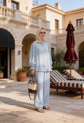 Lavin  Çilek Kumaş Fırfırlı Oversize Pantolonlu Takım-Mavi