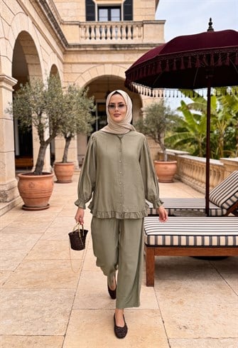 Lavin  Çilek Kumaş Fırfırlı Oversize Pantolonlu Takım-Haki