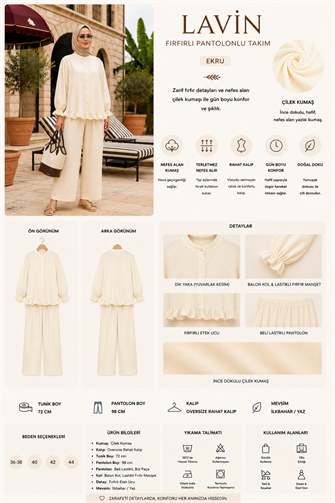 Lavin  Çilek Kumaş Fırfırlı Oversize Pantolonlu Takım-Ekru
